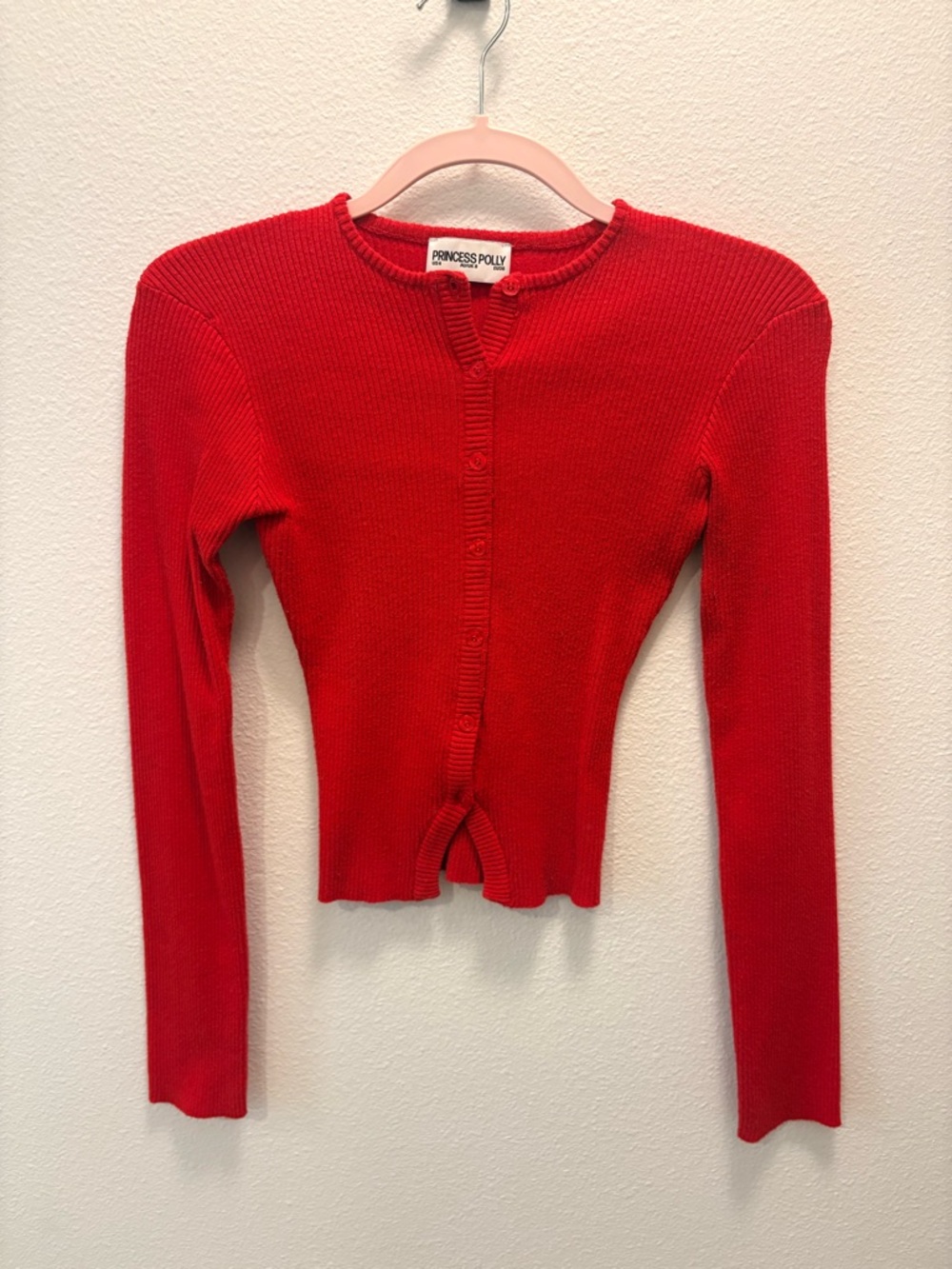 Princess Polly Bright Red Ribbed Button-Front Crew Sweater